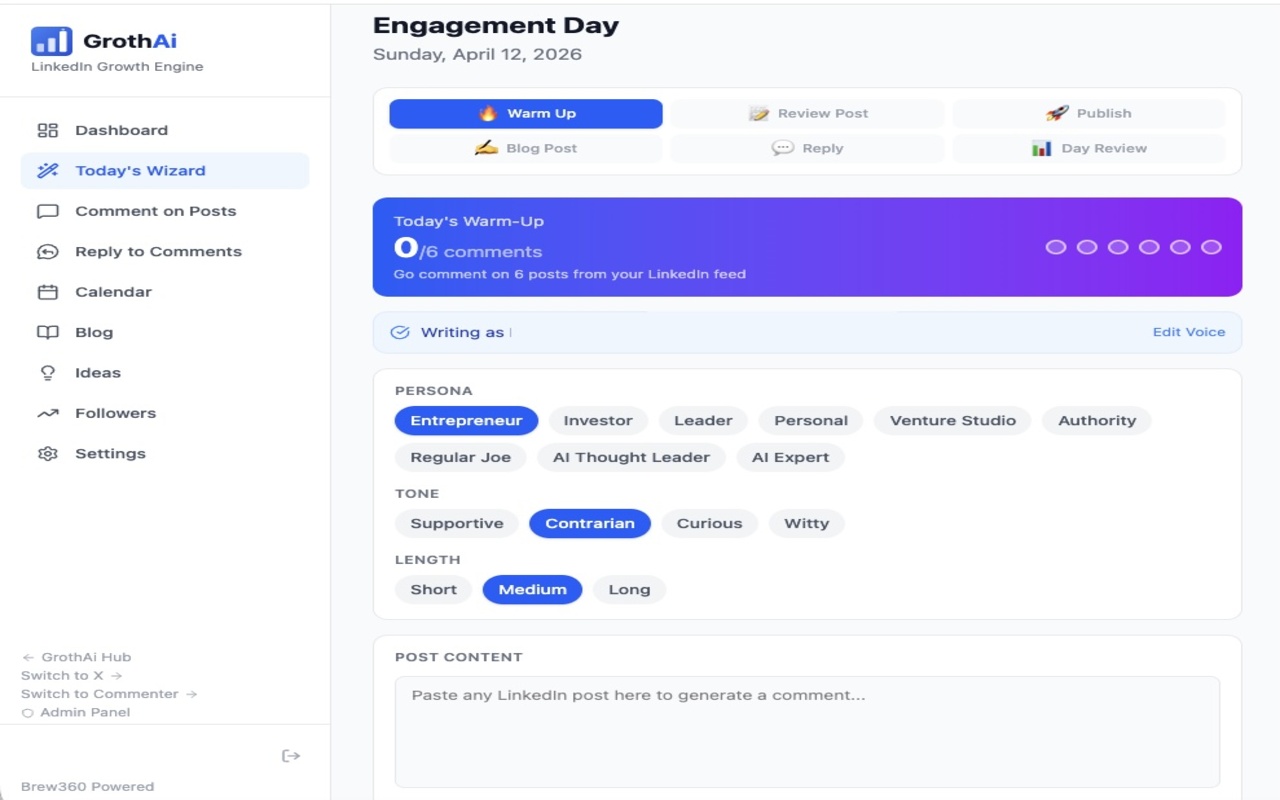 GrothAi Engagement dashboard showing activity stats and leaderboards