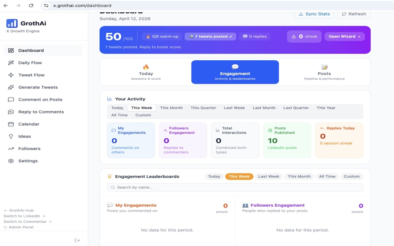 GrothAi Daily Wizard showing Engagement Day with persona and tone selectors